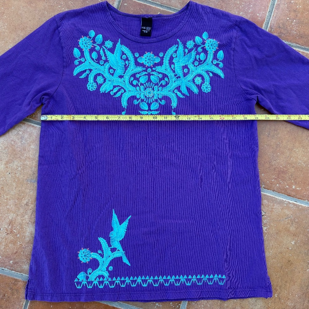 SABAKU Artwear T-Shirt Purple Bird Huipil 3/4 Sleeve Top Size S - Picture 5 of 6